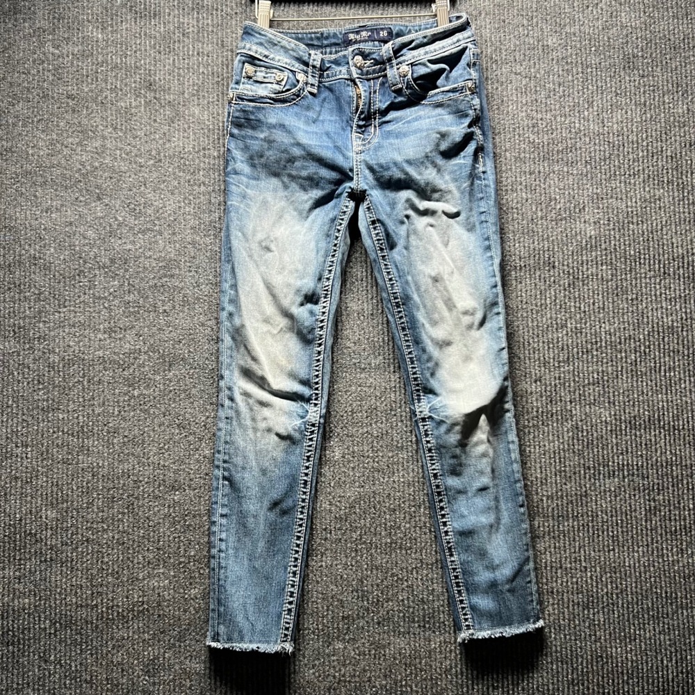 Miss Me Mid Rise Ankle Skinny Jeans Women 26 Blue Distressed Thick Stitch